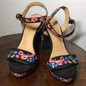 Floral Embroidered Black Suede Block Heel